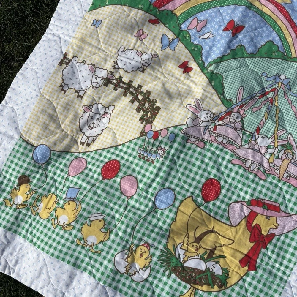 VTG Old McDonald Baby Blanket Quilt Throw Blue White Gingham Sun Rainbow Balloon